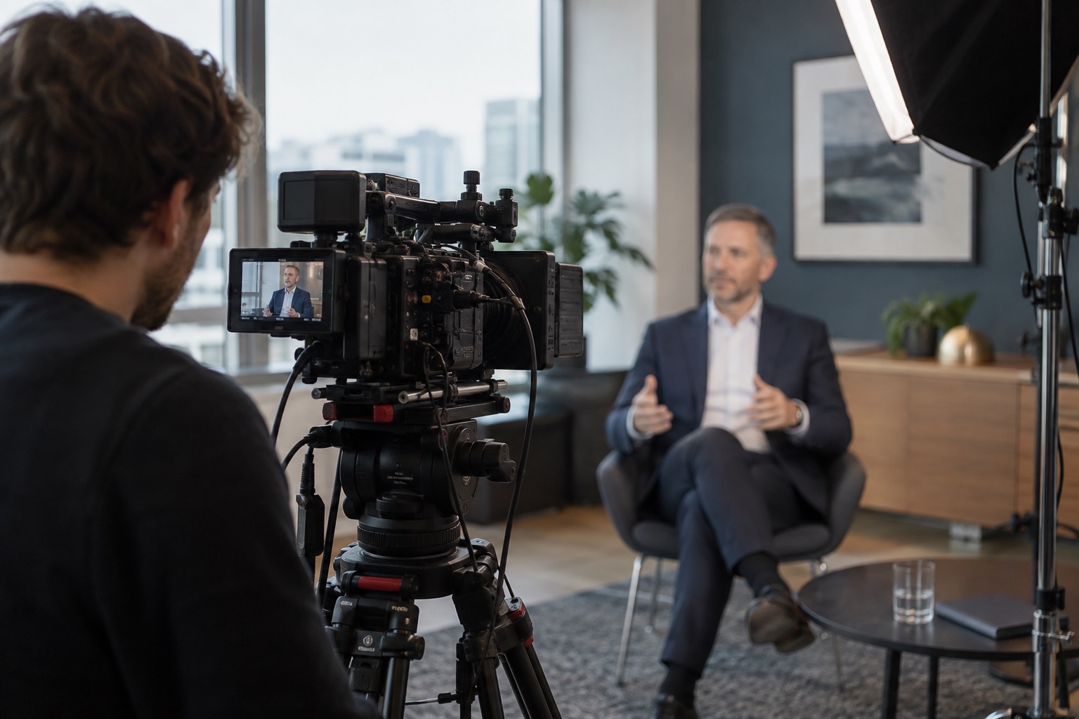 Kamera und Licht beim Interviewdreh im Büro – KI-generiertes Symbolbild