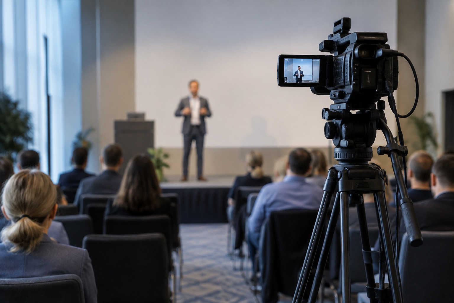 Videokamera zeichnet einen Vortrag vor Publikum auf – KI-generiertes Symbolbild